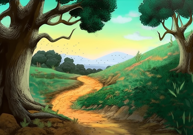 绿树农田安静的乡村小路手绘风景画,插画/手绘图,插画/手绘图库,插画/手绘图下载,插画/手绘